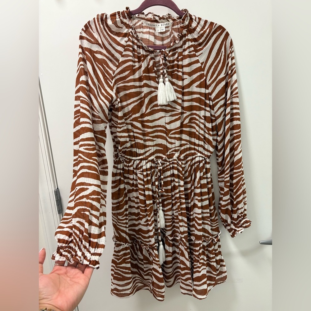 Veronica Beard Danica Tasseled Gathered Animal Print Mini Dress Size S - Picture 4 of 12